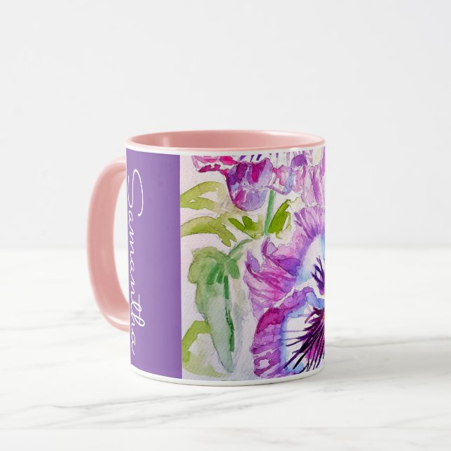 Lila Stillaflodsvattenfärg Kvinnonamn Penséer Mugg (Framsida vänster)