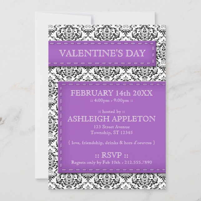 Lila Stitched Damask Valentine Day-inbjudningar Inbjudningar (Framsida)