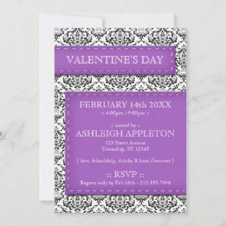 Lila Stitched Damask Valentine Day-inbjudningar Inbjudningar