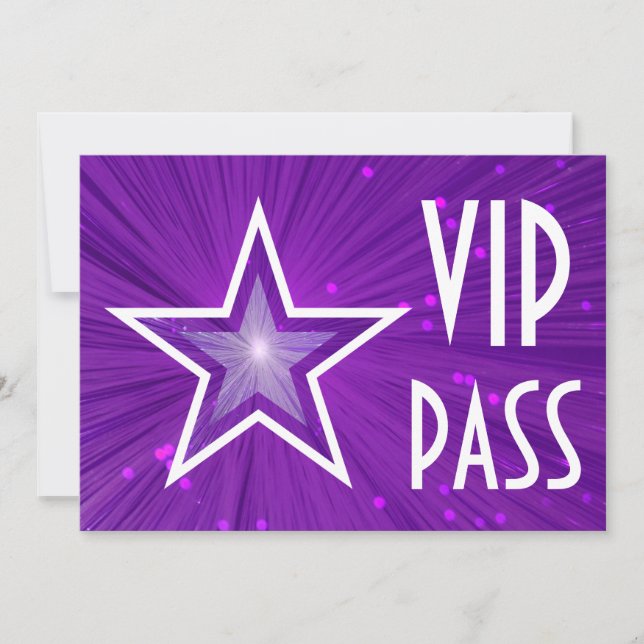 Lila stjärna 'VIP PASS' horisontell vit baksida Inbjudningar (Framsida)