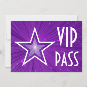 Lila stjärna 'VIP PASS' horisontell vit baksida Inbjudningar