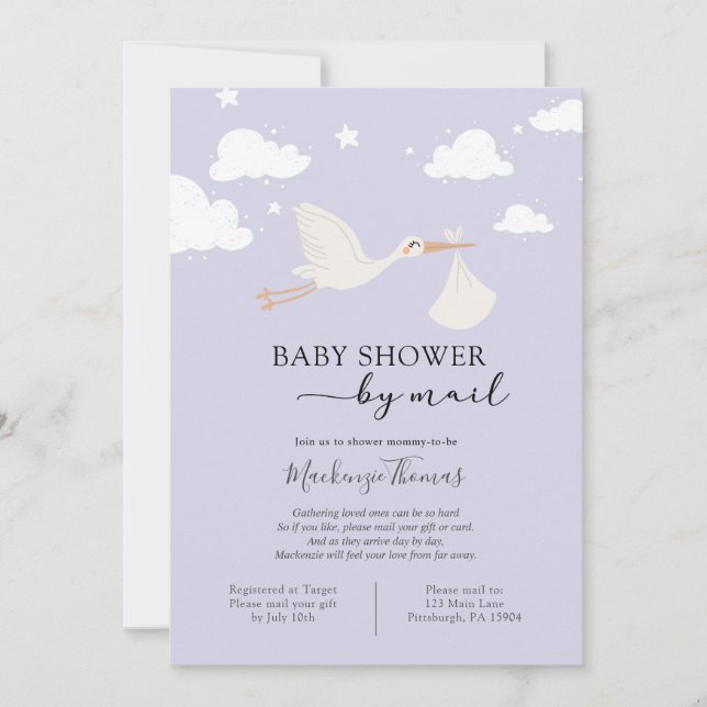 Lila Stork Baby Shower by Mail Inbjudningar (Framsida)
