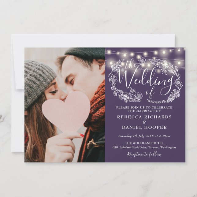 Lila Strängljus Blommig Foto Bröllop Inbjudningar (Framsida)