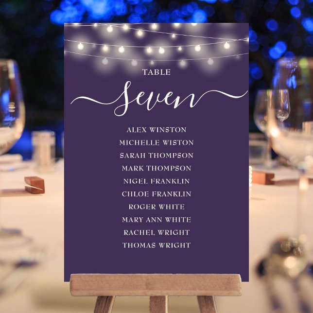 Lila Strängljus Bord Nummer Sittplatskarta Inbjudningar (Purple String Lights Table Number Seating Chart)