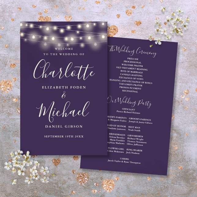 Lila Strängljus Bröllopsprogram (Purple String Lights Wedding Program)