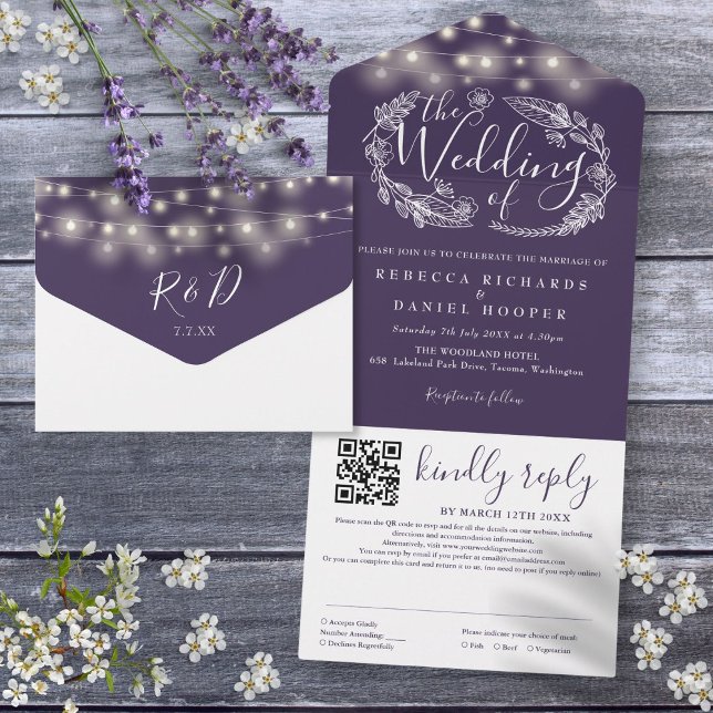 Lila Strängljus QR-kod Bröllop (Purple String Lights QR Code Wedding All In One Invitation)