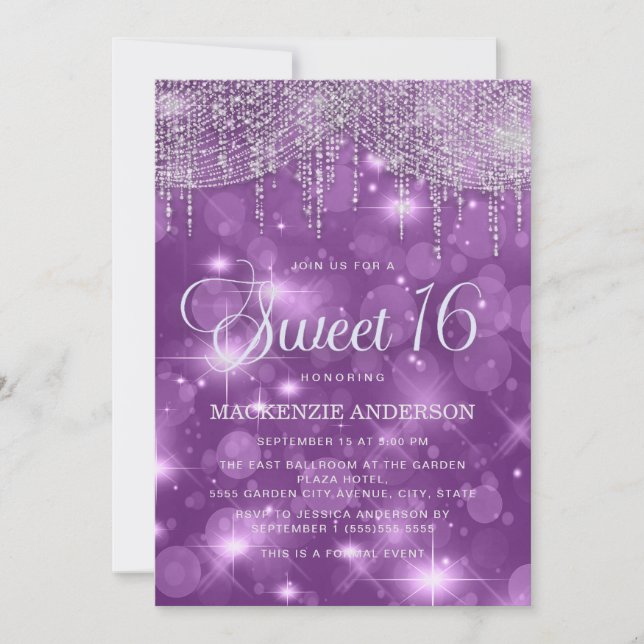 Lila Strängljus Sparkle Bokeh Glamour Sweet 16 Inbjudningar (Framsida)