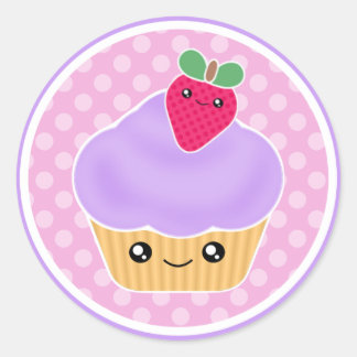 Lila Strawberry Kawaii Cupkaka Stickers Runt Klistermärke