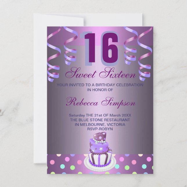 Lila Streamers & Cake Sweet 16 Birthday Inbjudan (Framsida)