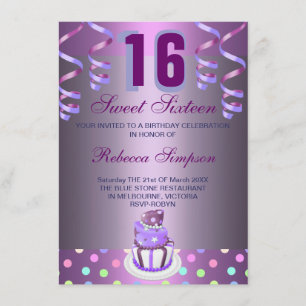 Lila Streamers & Cake Sweet 16 Birthday Inbjudan