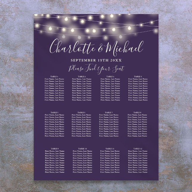 Lila String Ljus Bröllop, sittdiagram Poster (Purple String Lights Wedding Seating Chart)