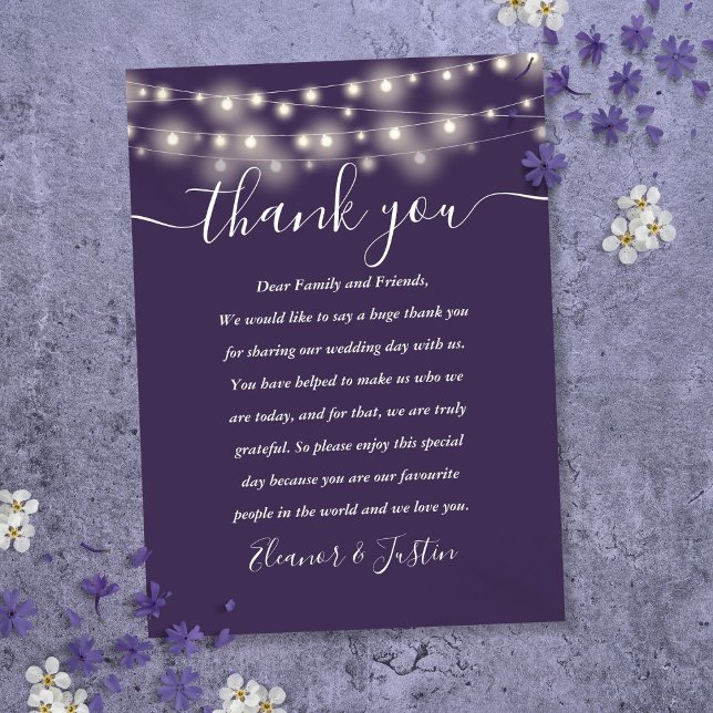 Lila String Ljus Bröllop Tack Ställe Placeringskort (Purple String Lights Wedding Thank You Place Place Card)