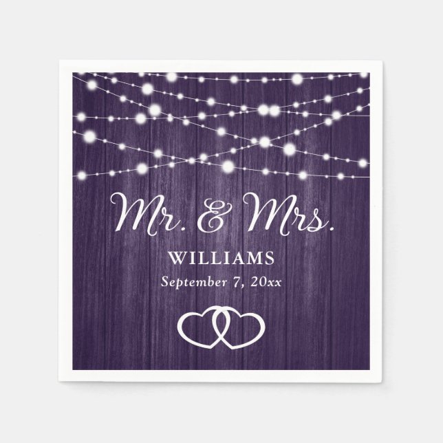 Lila String Ljus Hearts Rustic Wood Bröllop Pappersservett (Framsidan)