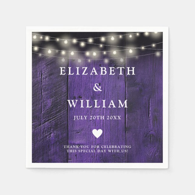 Lila String Ljus Rustic Wood Boho Barn Bröllop Pappersservett (Framsidan)