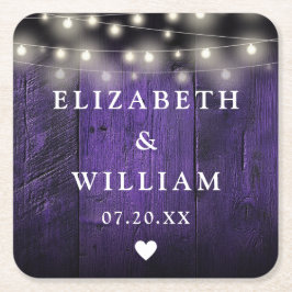 Lila String Ljus Rustic Wood Boho Barn Bröllop Underlägg Papper Kvadrat