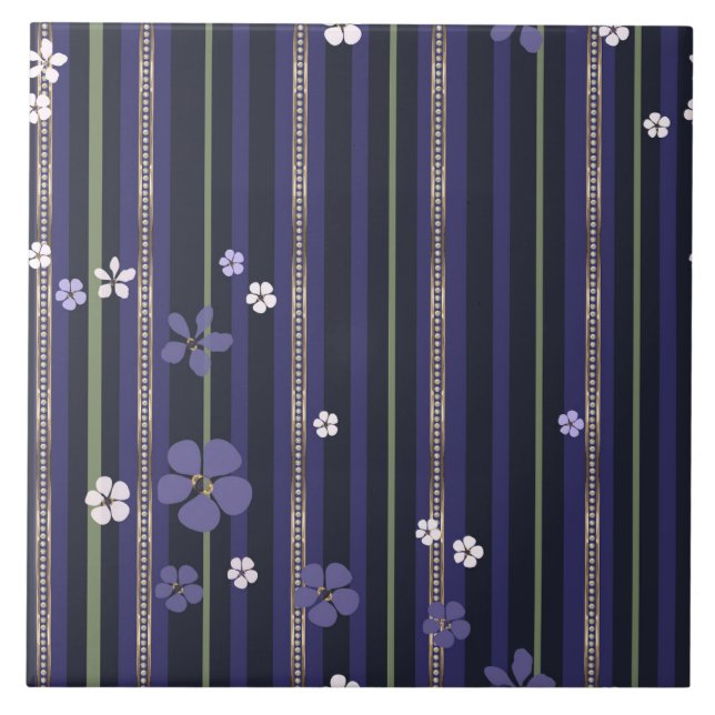 Lila Stripe-Blommigt Kakelplatta (Framsidan)