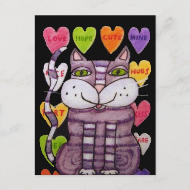 Lila Stripe Cat Grönt Ögon Bright Candy Hearts Vykort (Framsida)