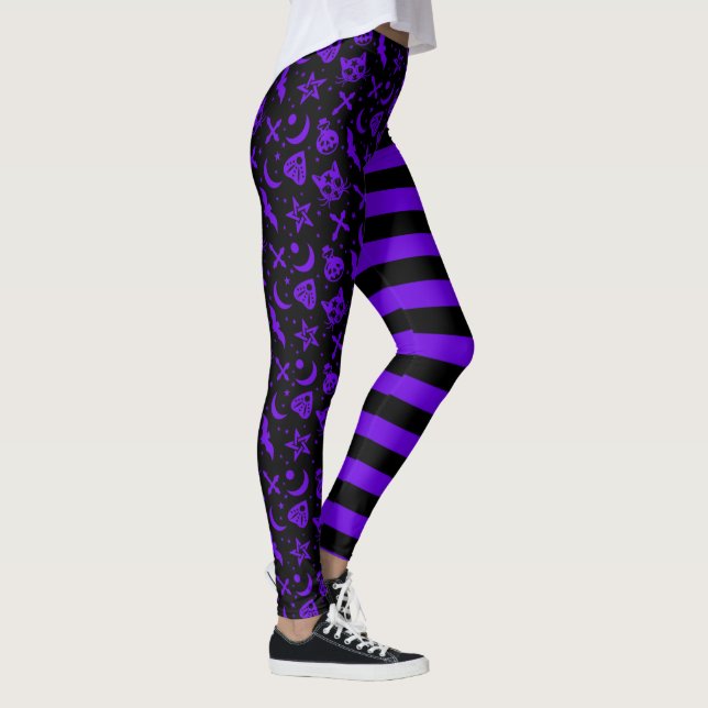 Lila Stripe Halloween Spooky Witch Cat Leggings (Höger)