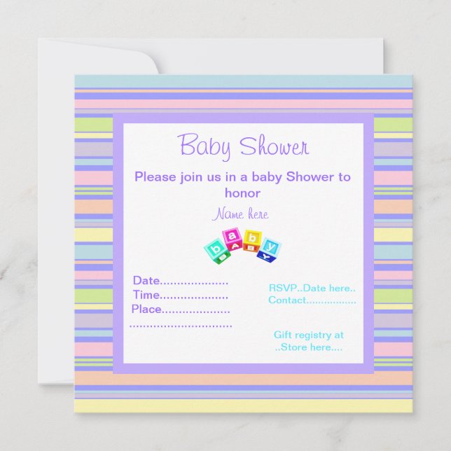 LILA STRIPEY BABY SHOWER INVITATION BLOCKS INBJUDNINGAR (Framsida)