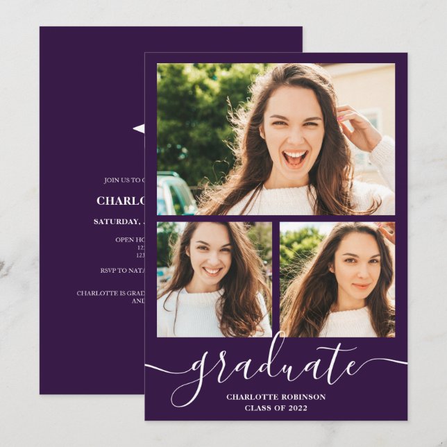 Lila student, skript 3 foton studenten inbjudningar (Fram/baksida)