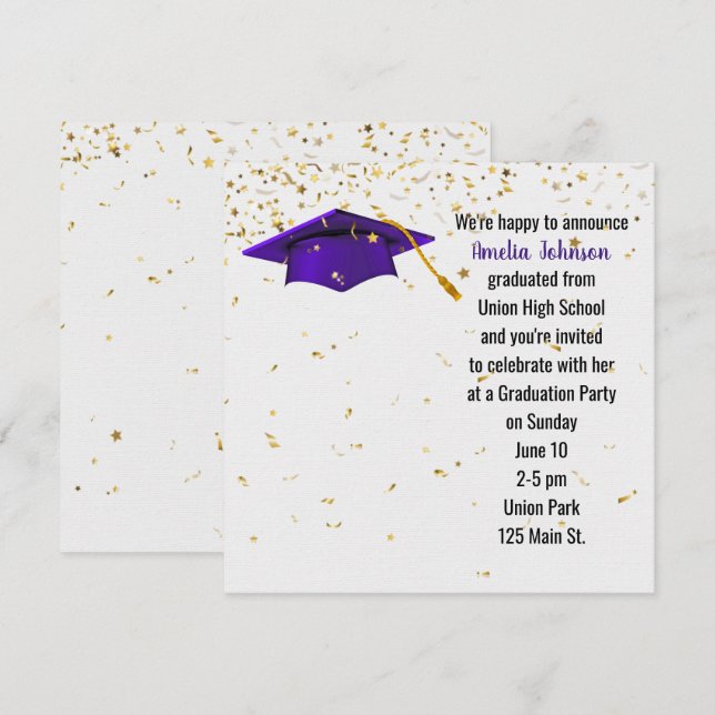 Lila Studentmössa med Guld Confetti Inbjudningar (Fram/baksida)