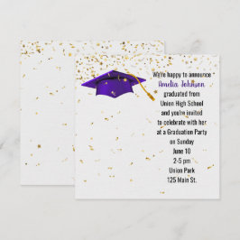 Lila Studentmössa med Guld Confetti Inbjudningar