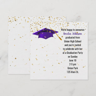 Lila Studentmössa med Guld Confetti Inbjudningar