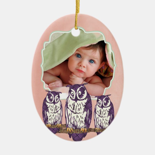 Lila Stylized Geometric Uggla-familjen Julgransprydnad Keramik (Framsidan)