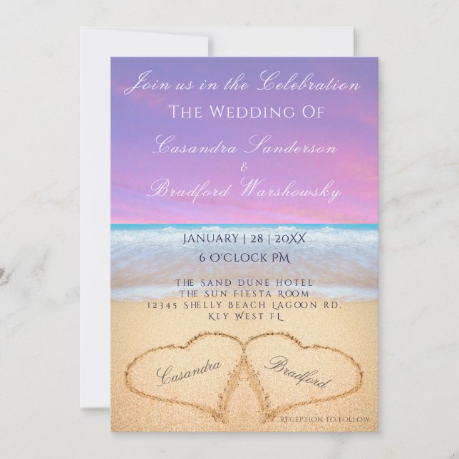 Lila Subset Beach Wedding 2 Hearts Sand Inbjudningar (Framsida)