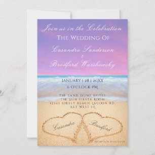 Lila Subset Beach Wedding 2 Hearts Sand Inbjudningar