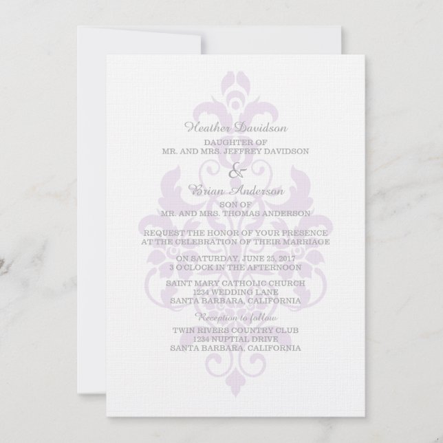 Lila Subtle Damask Wedding Inbjudan (Framsida)