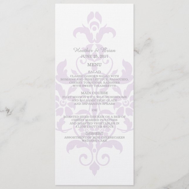 Lila Subtle Damask Wedding Menu Meny (Framsida)