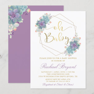 Lila Succulents Guld Geometric Baby Shower Inbjudningar