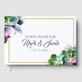 Lila Succulents med Blue Text Tan Line Bröllop Gästböcker