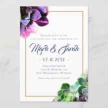 Lila Succulents med Blue Text Tan Line Bröllop