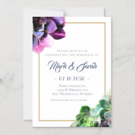 Lila Succulents med Blue Text Tan Line Bröllop Magnetisk Inbjudningskort
