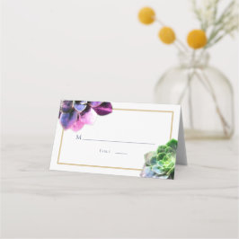 Lila Succulents med Blue Text Tan Line Bröllop Placeringskort