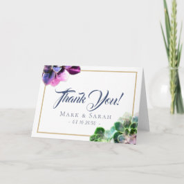Lila Succulents med Blue Text Tan Line Bröllop Tack Kort