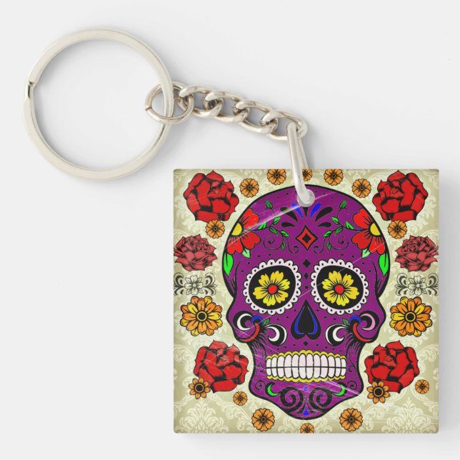 Lila Sugar Skull Day of the dead Nyckelring (Framsidan)