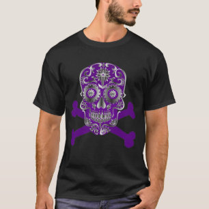 Lila Sugar Skull Day of the dead Skull Crossbone T Shirt
