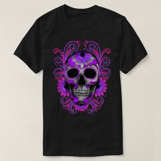 Lila Sugar Skull Day of the dead Sugar Skull Skull T Shirt (Design framsida)