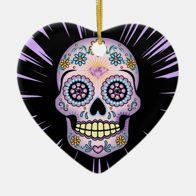 Lila Sugar Skull Julgransprydnad Keramik (Framsidan)