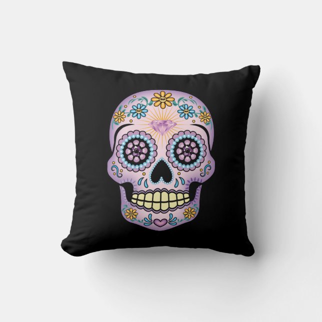Lila Sugar Skull Kudde (Framsida)