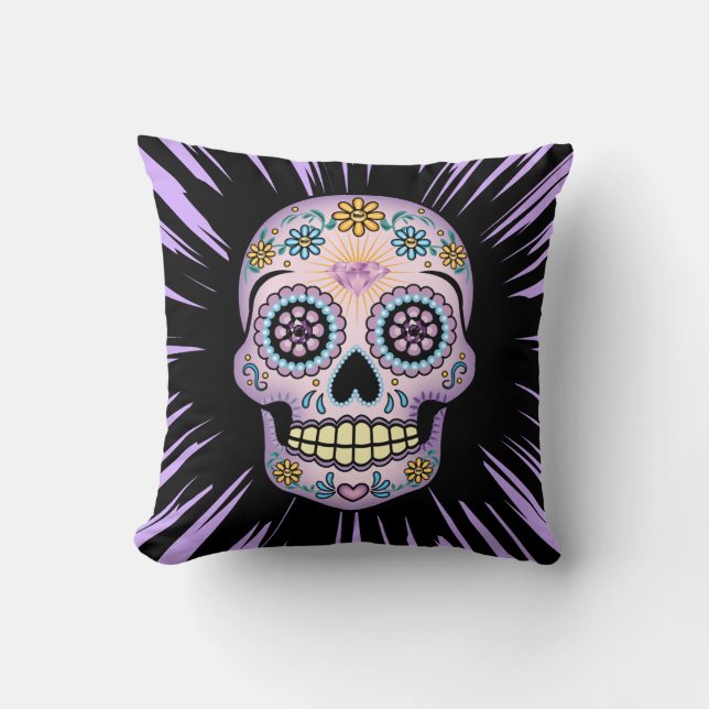 Lila Sugar Skull Kudde (Framsida)