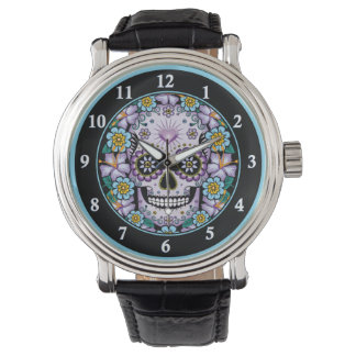 Lila Sugar Skull med blommor Armbandsur