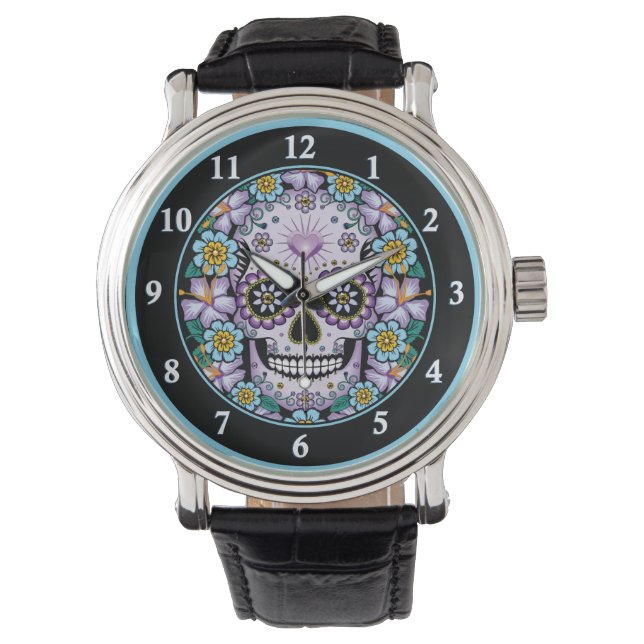 Lila Sugar Skull med blommor Armbandsur (Framsida)