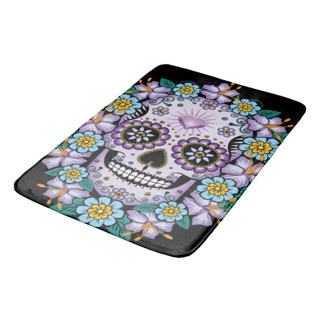 Lila Sugar Skull med blommor Badrumsmatta (Vinklad)