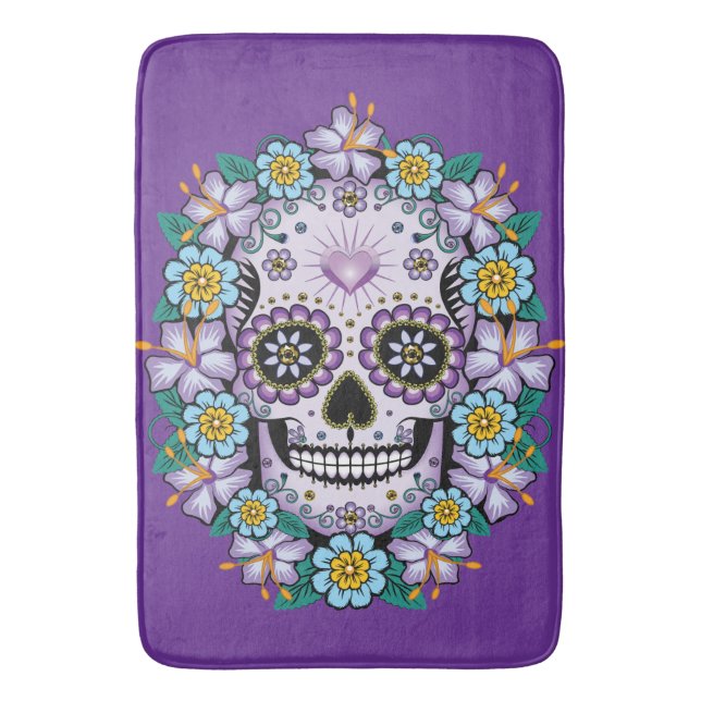 Lila Sugar Skull med blommor Badrumsmatta (Framsidan (Vertikal))
