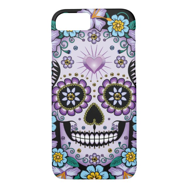 Lila Sugar Skull med blommor Case-Mate iPhone Skal (Baksida)