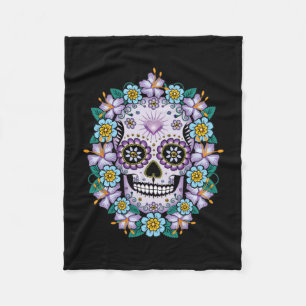 Lila Sugar Skull med blommor Fleecefilt